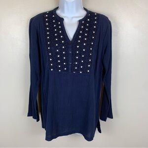 Krazy Kat Top Embroidered XL Navy 100%‎ Cotton Front 3/4 Sleeve Blouse Beaded